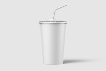 Paper soda cup with straw mockup template, isolated on light grey background. High resolution.