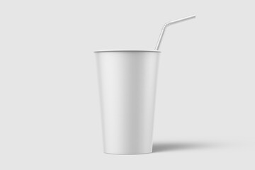 Paper soda cup with straw mockup template, isolated on light grey background. High resolution.