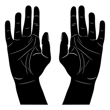 recommend clip art: Two raised up human hands with open palms. Capitulation surrender gesture. Black and white negative silhouette. Cartoon style. Isolated vector illustration.
