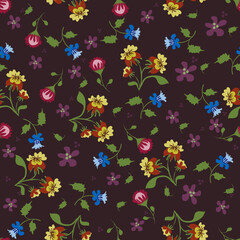 Fototapeta na wymiar Vector floral seamless texture. Abstract purple background with cute bright meadow flowers, leaves. Liberty style wallpapers. Elegant ornament. Design for print, wallpapers, textile, fabric