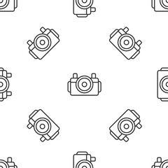 Grey line Photo camera for diver icon isolated seamless pattern on white background. Foto camera icon. Diving underwater equipment. Vector