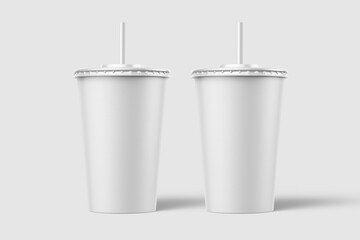 Two paper soda cup with straw mockup template, isolated on light grey background. High resolution.