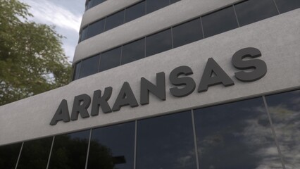 Arkansas sign on a modern skyscraper. Arkansas building. 3d illustration