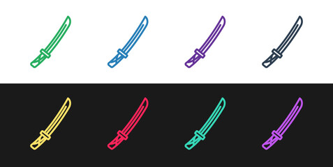 Set line Traditional Japanese katana icon isolated on black and white background. Japanese sword. Vector