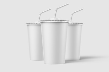 Three paper soda cup with straw mockup template, isolated on light grey background. High resolution.