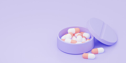 An open medical  box in the form of a round shape. Packaging with pills. On a purple background. 3d rendering illustration. A horizontal banner with an empty space.