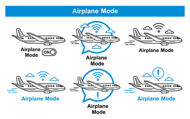 Airplane flight mode switched on mobile phone line icon set. Turn smartphone offline. Air plane telephone status. WIFI internet connection signal. Aircraft safety travel. Web setting app sign. Vector