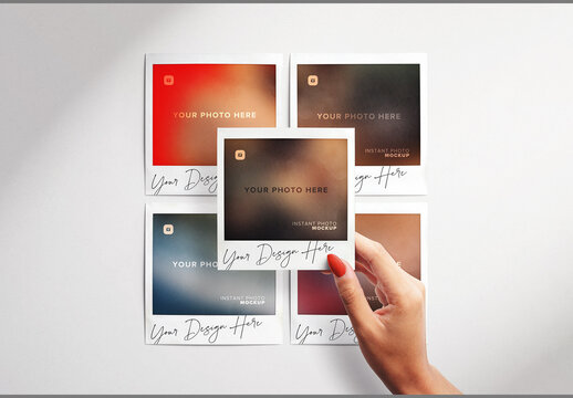 Hand Holding Instant Picture on Top of Grid of Photos Mockup