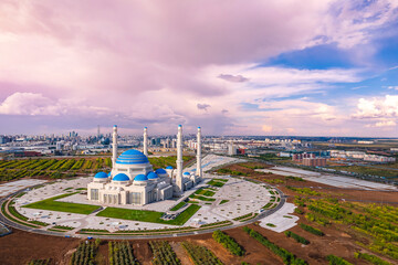 Nur-Sultan, Kazakhstan largest mosque in Central Asia, Astana Aerial drone view