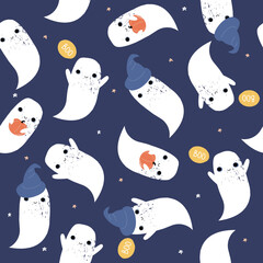 Halloween cartoon seamless ghost and pumpkins pattern. Funny childish print. Vector hand drawn illustration.