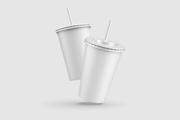 Two paper soda cup with straw mockup template, isolated on light grey background. High resolution.
