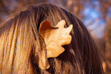 Autumn woman. Young woman with yellow autumn leaves in hair. Beautiful girl walking outdoors in autumn. Back view. No face