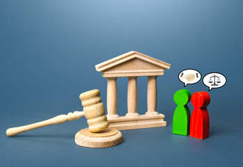 Court and justice. Sides of judgment trial come to a compromise. Reaching consensus. Extrajudicial...