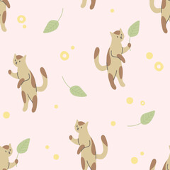 Seamless pattern with cute cat and leaves