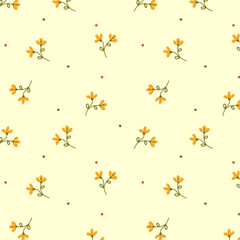 Seamless pattern of floral elements. Vector pattern with small yellow flowers and leaves. Simple cartoon flat style.