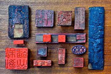 Collection of Antique Japanese seals “Hanko” or “Inkan” from bygone era. The imprints...