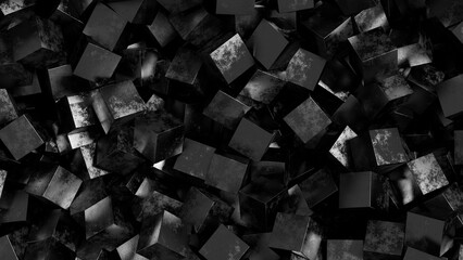 Dark metal cubes in a pile. Abstract 3d black background.