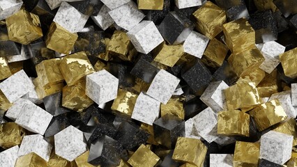 Gold and marble cubes in a pile. Abstract 3d background.