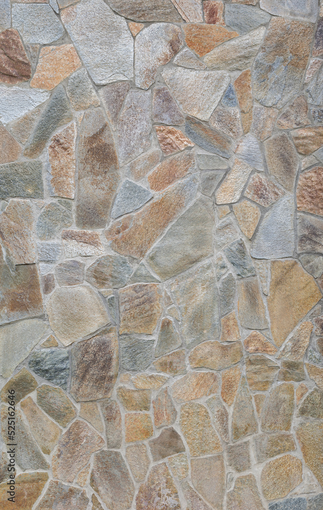 Poster front view of stone wall made of weathered and multi-colored stone slates. abstract high resolution 