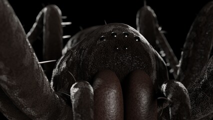 Large dark spider close-up on a black background.