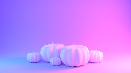 3d layout Halloween scene with neon blue pink lightning. Pumpkins stage. Autumn 3d design background  for Halloween or Thanksgiving