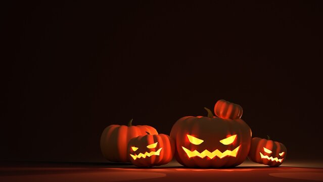 Halloween Pumpkin glowing faces on black dark background. 3D Rendering illustration