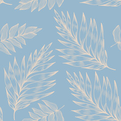 Autumn seamless pattern with linear fern, palm leaf on blue background. Vintage texture with line art leaf