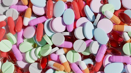 Many different preparations of tablets and capsules close-up. 
