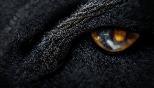 The yellow cat eyes on the black background. 3D, Raster illustration.