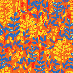 Seamless plants hand-drawn pattern, abstract nature background. Can be used for wallpaper, pattern fills, web page background, surface textures.  - 525163261