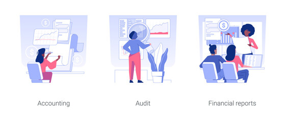 Financial department in corporation isolated concept vector illustration set. Accounting and payment planning, financial audit and report, business people, office work vector cartoon.