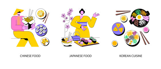 Fototapeta premium Asian food abstract concept vector illustration set. Chinese and Japanese food, Korean cuisine, oriental restaurant menu, asian spice, sushi takeout, dim sum, chopsticks eating abstract metaphor.