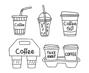 Take away coffee cup doodle illustrations set in vector. Take away coffee cup hand drawn illustrations collection in vector. Takeout coffee cup illustration set