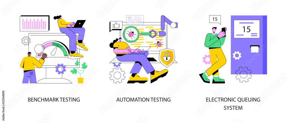 Poster software implementation abstract concept vector illustration set. benchmark and automation testing, 