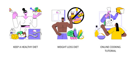 Food and nutrition tips abstract concept vector illustration set. Keep a healthy diet, weight loss, online cooking tutorial, meal plan, drink water, home chef, food blogger recipe abstract metaphor.