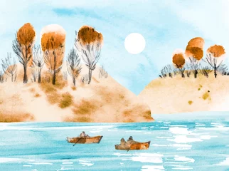 Gordijnen Herfst vissen. Waterverf vectorlandschap met vissers op boten, blauw meer, bergen en bomen. Vissen in de rivier. Illustratie met schets voor poster, briefkaart, banner © GaliChe