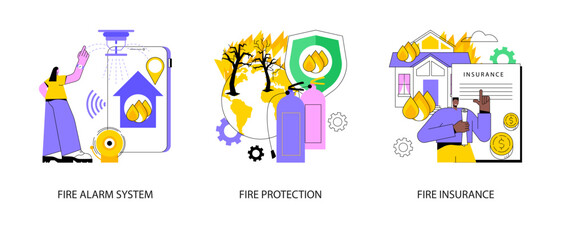Building emergency protection abstract concept vector illustration set. Fire alarm system, fire protection and insurance, smoke sensor detector, water spraying, damage coverage abstract metaphor.