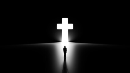 3D Silhouette of a Man Walking into Religious Cross Shaped Hole.