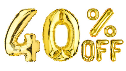 40 Forty Percent % Off balloons. Sale, Clearance, discount. Yellow Gold foil helium balloon. Word good for store, shop, shopping mall. English Alphabet Letters. Isolated white background.