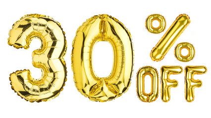 30 Thirty Percent % Off balloons. Sale, Clearance, discount. Yellow Gold foil helium balloon. Word...