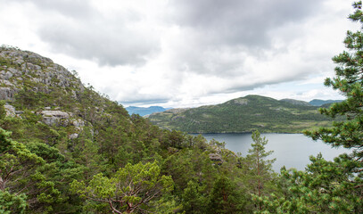 Fototapeta na wymiar Lake Revsvatnet and landscape at Prekestolen (Preikestolen) in Rogaland in Norway (Norwegen, Norge or Noreg)
