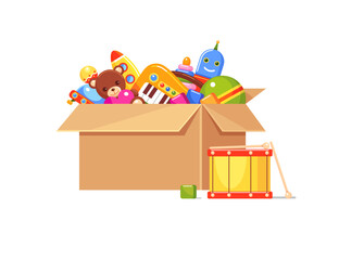 Box with kids toys. Donation container with drum, smiling robot, rattle, rocket, bear, ball, pyramid, ufo, musical piano and toy blocks. Vector colorful flat illustration isolated on white background