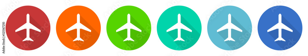 Poster plane, flight, airplane icon set, flat design vector illustration in 6 colors options for webdesign 