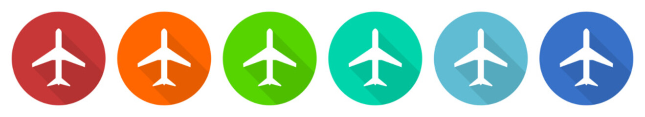 Plane, flight, airplane icon set, flat design vector illustration in 6 colors options for webdesign and mobile applications