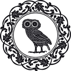 owl bird logo vector design with floral frame