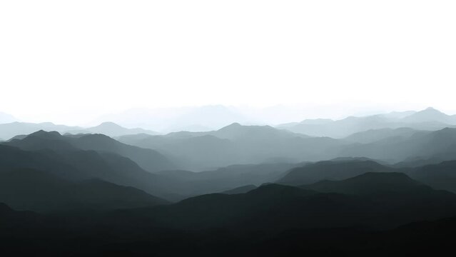 Flight above foggy hill silhouette's landscape.