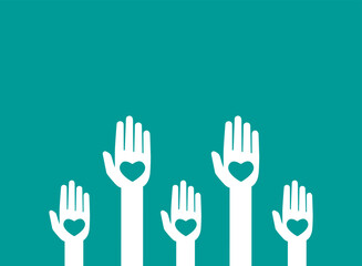 Fototapeta premium Horizontal blue background with hands holding hearts. charity, philanthropy, support, giving, help,