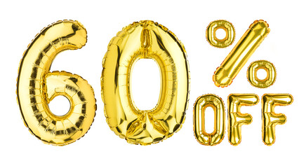 60 Sixty Percent % Off balloons. Sale, Clearance, discount. Yellow Gold foil helium balloon. Word good for store, shop, shopping mall. English Alphabet Letters. Isolated white background. - obrazy, fototapety, plakaty