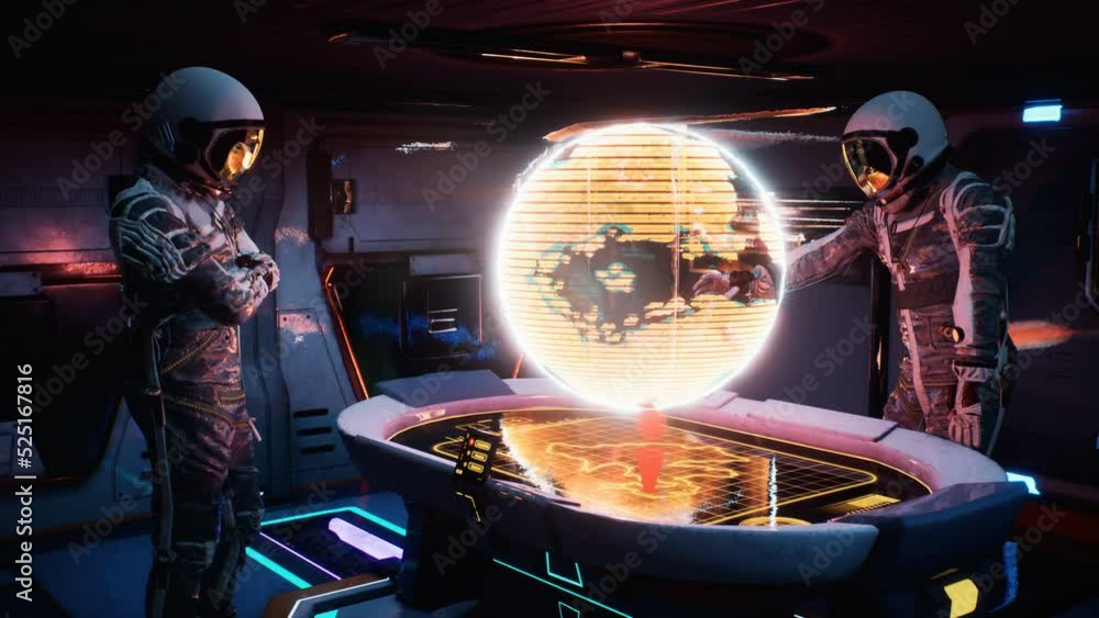 Wall mural astronauts choose a flight route in the control room of the spacecraft. the concept of the astronaut
