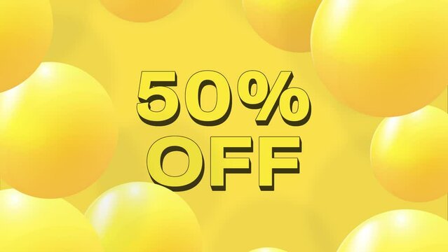 50 percent Mega Discount sale. Abstract background with falling 3d orange balls. Dynamic flying colorful bubbles
